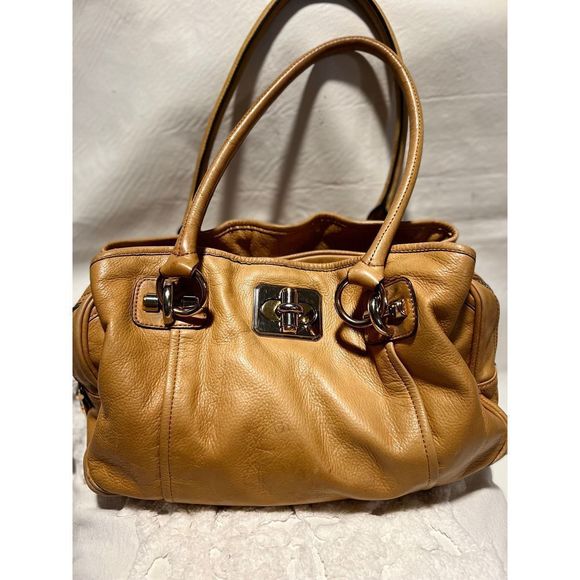 b. makowsky Handbags - Leather B Makowsky Handbag, Camel colored, purple interior w/ cream trim.